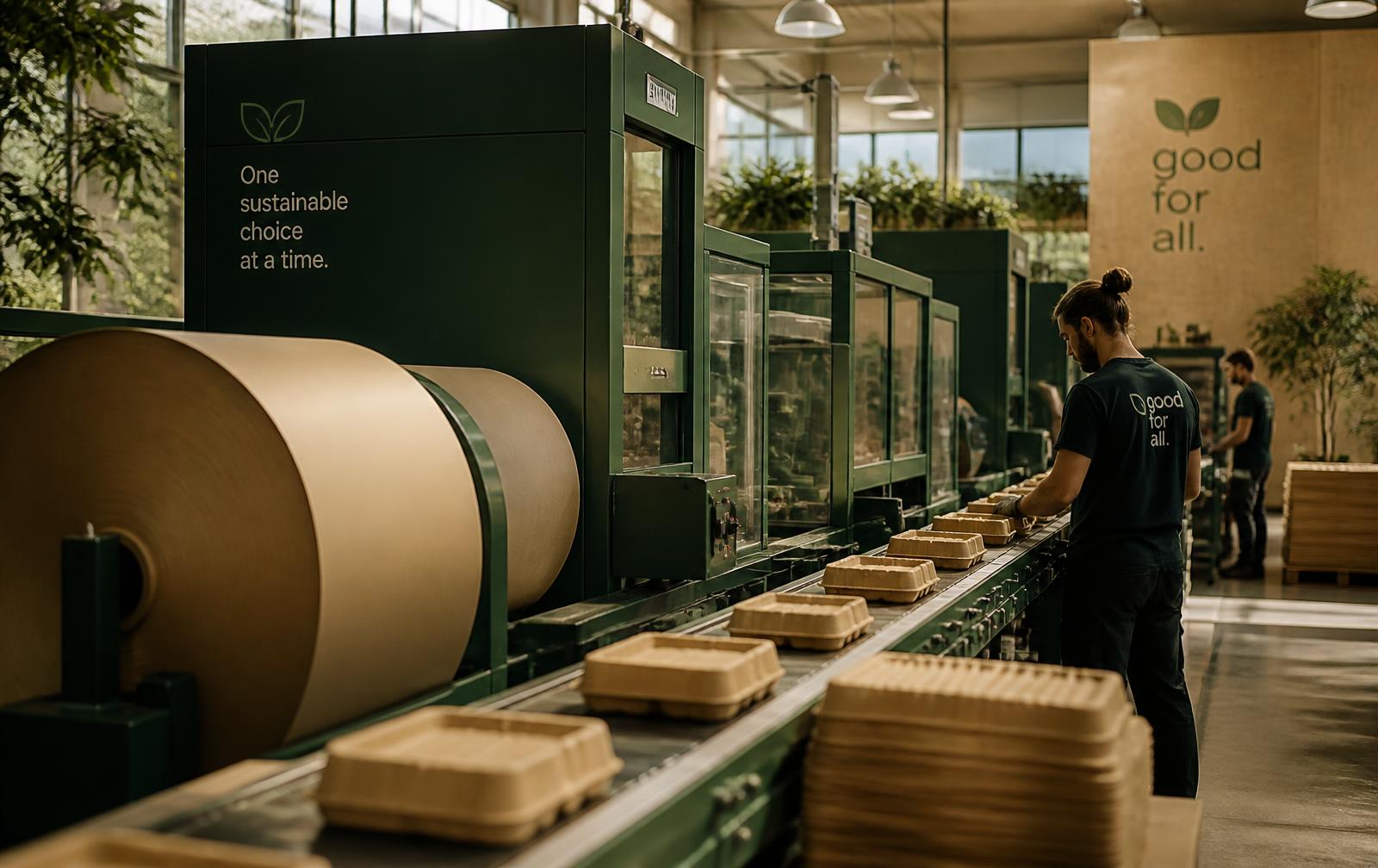 Molded fiber packaging moving along a conveyor line inside a sustainable packaging production facility
