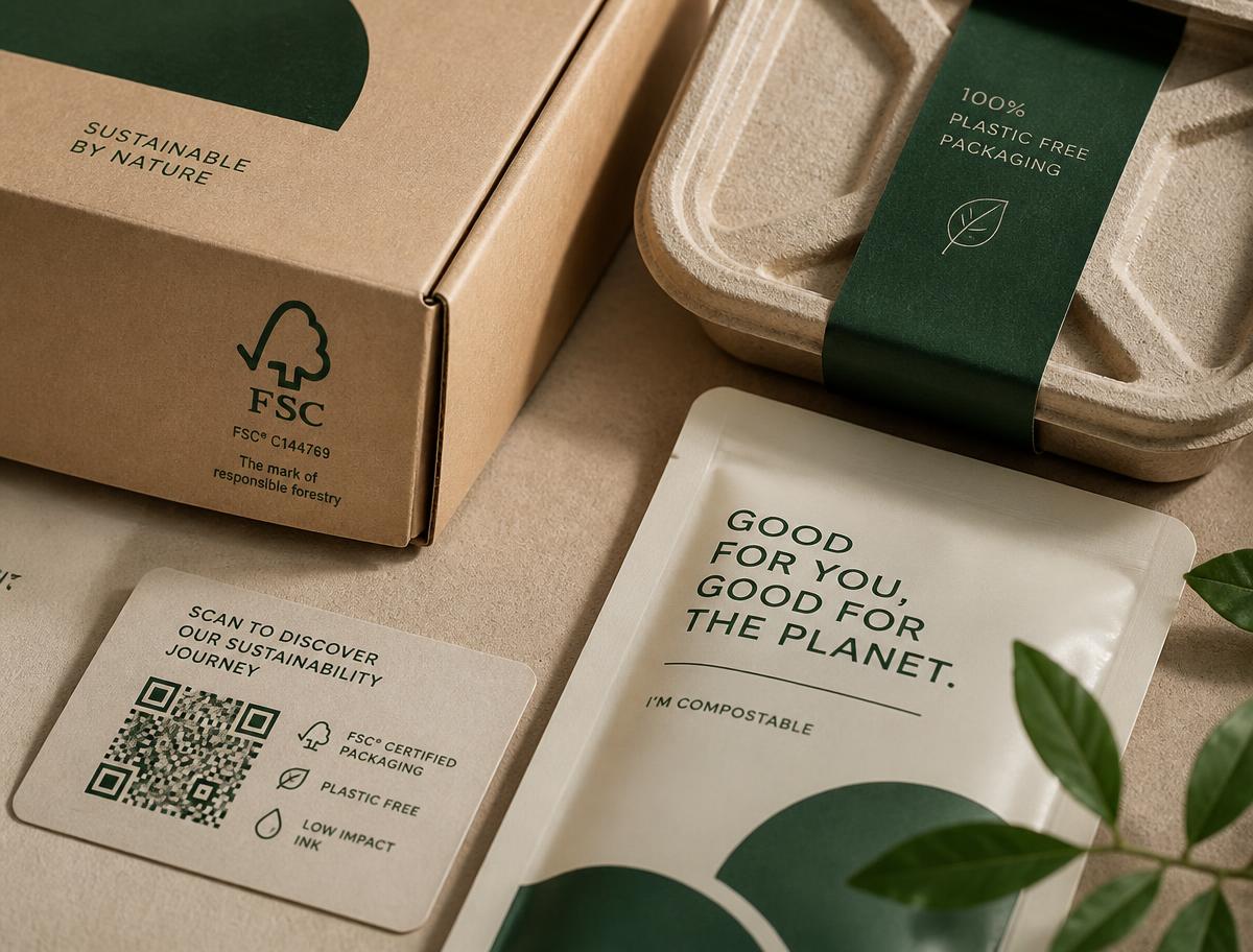 FSC-certified kraft carton, molded fiber tray, compostable pouch and QR-coded sustainability label